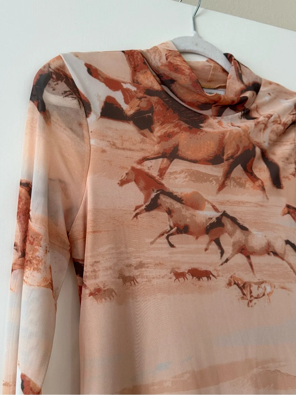 Horse Print Long Sleeve Mesh Mini Dress - Tan & Peach Tones - Picture 2 of 4
